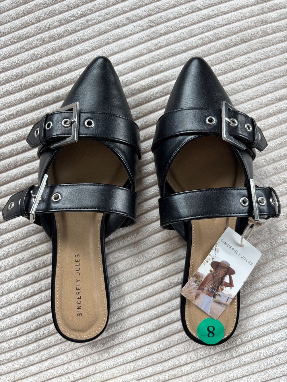 NWT Sincerly Jules Black Pointed Toe Double Buckle Mules
